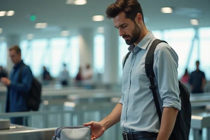 Voyageur posant un rasoir électrique dans un bac de contrôle de sécurité à l'aéroport
