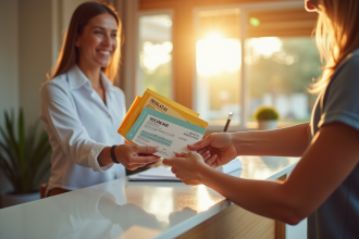 Réception d'hôtel ensoleillée avec un client souriant remettant des bons de vacances