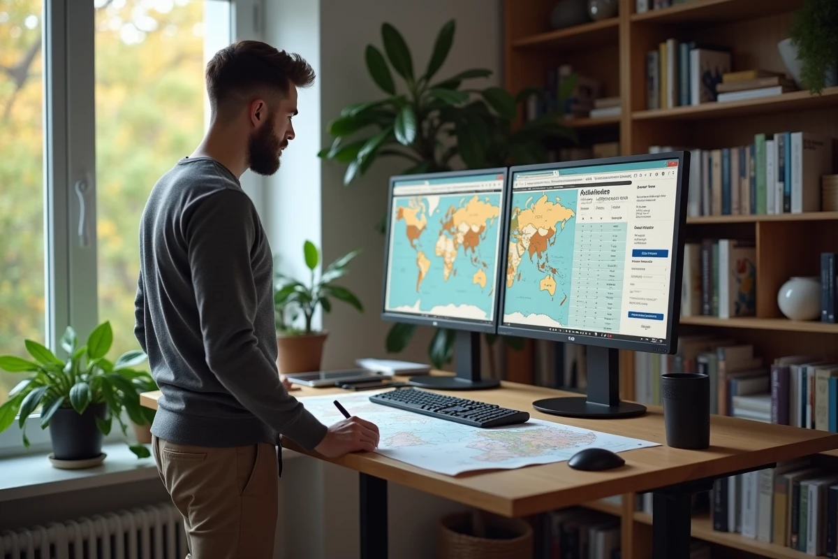 Homme planifiant des vols complexes multi-escales sur Google Flights depuis son bureau à domicile