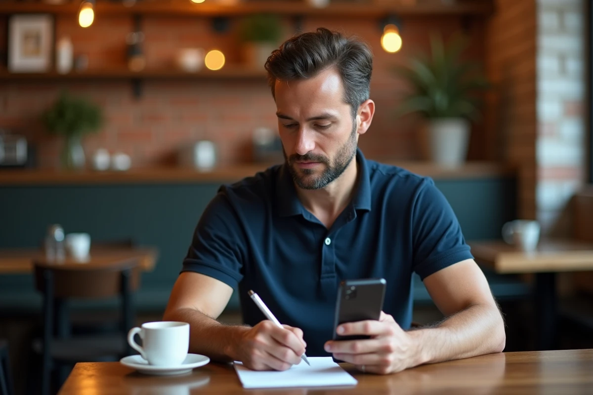 Homme d'affaires rédigeant un message poli de bonnes vacances à son supérieur dans un café urbain