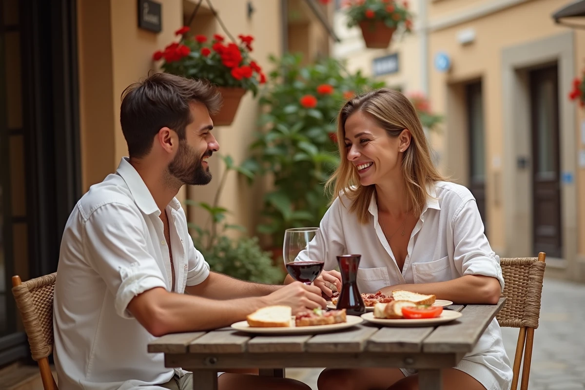 Couple savourant un repas traditionnel majorquin dans un restaurant familial typique loin des circuits touristiques