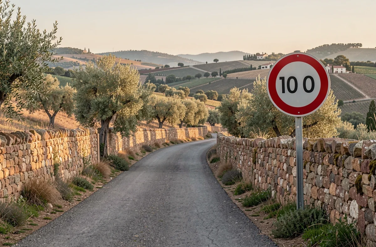 Route conventionnelle sinueuse dans la campagne espagnole avec panneau de vitesse