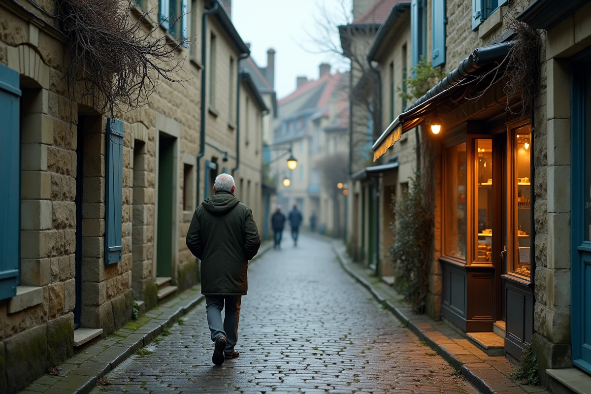 Rue pavée du vieux bourg de Saint-Valery-sur-Somme en hiver avec un promeneur et un café artisanal
