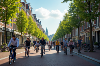 Rue animée aux Pays-Bas avec cyclistes sans casques