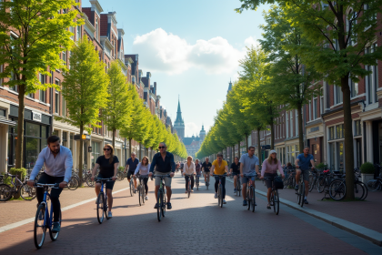 Rue animée aux Pays-Bas avec cyclistes sans casques