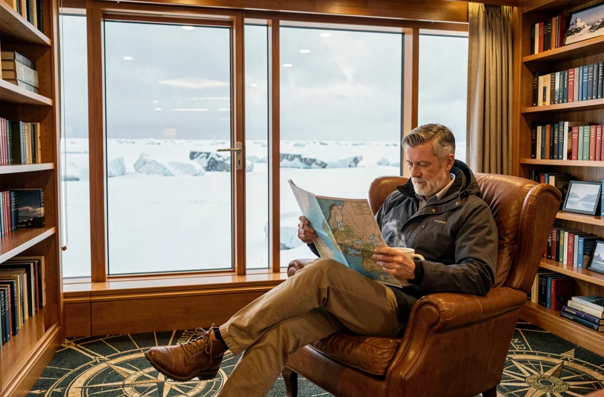 Passager installé dans le salon panoramique d'un bateau de croisière arctique face à un paysage de banquise