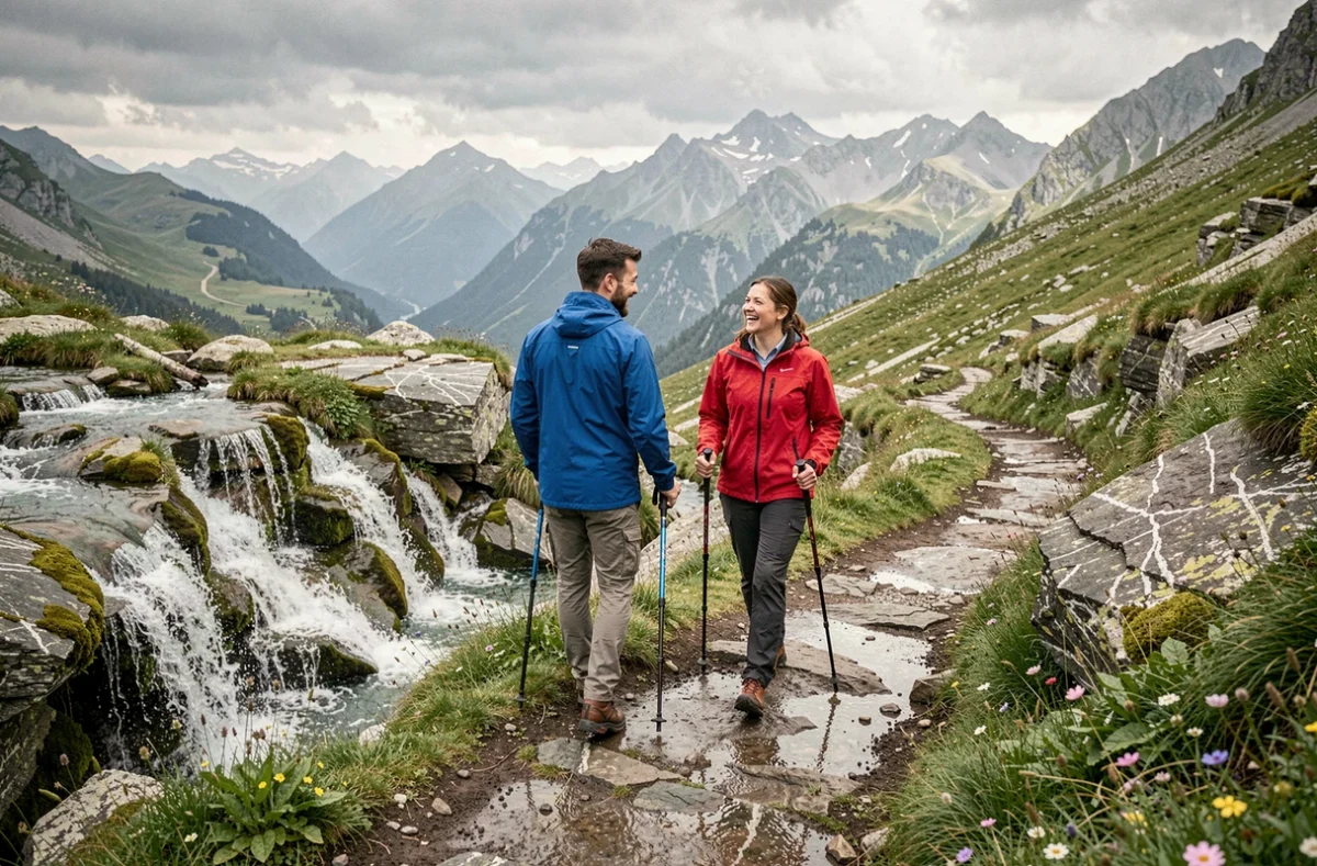 Deux randonneurs sur un sentier alpin entre cascades et panorama de vallée en Haute-Savoie