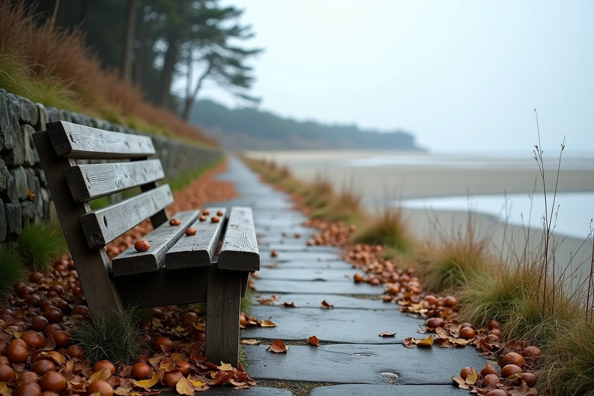 Banc en bois désert sur le sentier côtier de la plage de Conleau à Vannes avec les vasières du golfe du Morbihan visibles en arrière-plan en automne