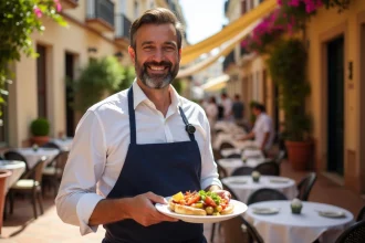 Homme espagnol servi des tapas traditionnelles à Malaga