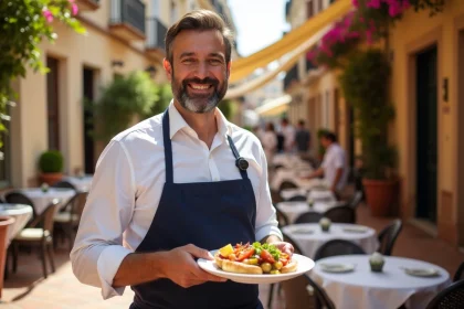 Homme espagnol servi des tapas traditionnelles à Malaga