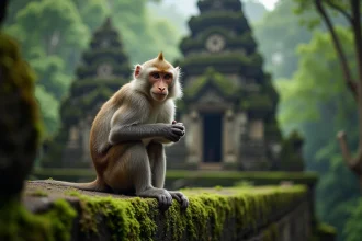 Macaque à longue queue perché sur un mur de temple en pierre moussue dans la forêt des singes d'Ubud à Bali