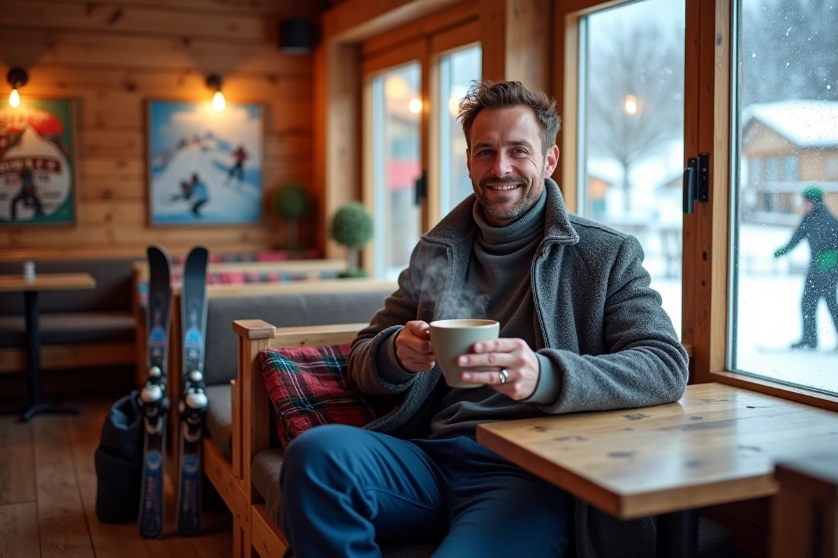 Skieur se réchauffant avec un chocolat chaud dans un chalet de station de ski française