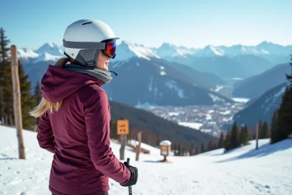Skieuse au sommet d'une piste alpine avec vue sur un village de station de ski accessible depuis Paris
