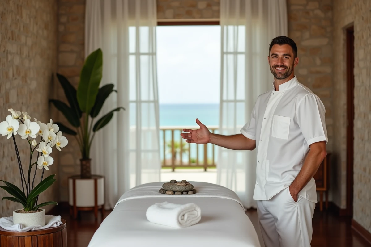 Thérapeute souriant accueillant dans une salle de soin d'un spa luxueux d'hôtel tout compris en Guadeloupe avec table de massage et décoration tropicale raffinée