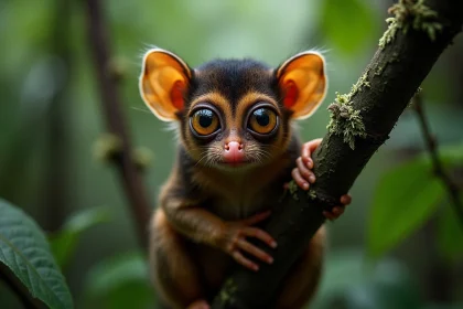 Tarsier des Philippines agrippé à une branche moussue dans la forêt tropicale, ses grands yeux ronds dorés fixant l'objectif