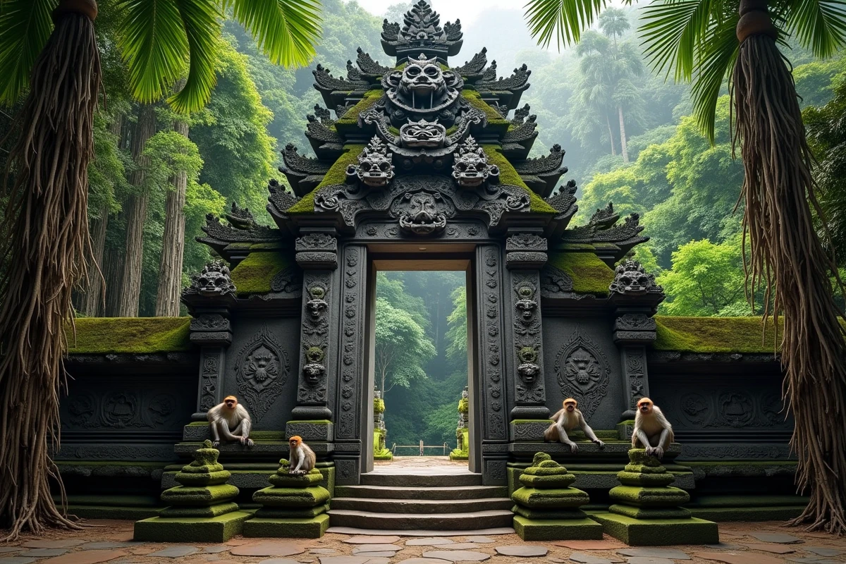 Portail du temple Pura Dalem Agung Padangtegal dans la forêt sacrée des singes d'Ubud à Bali avec des macaques assis sur les marches en pierre sculptée