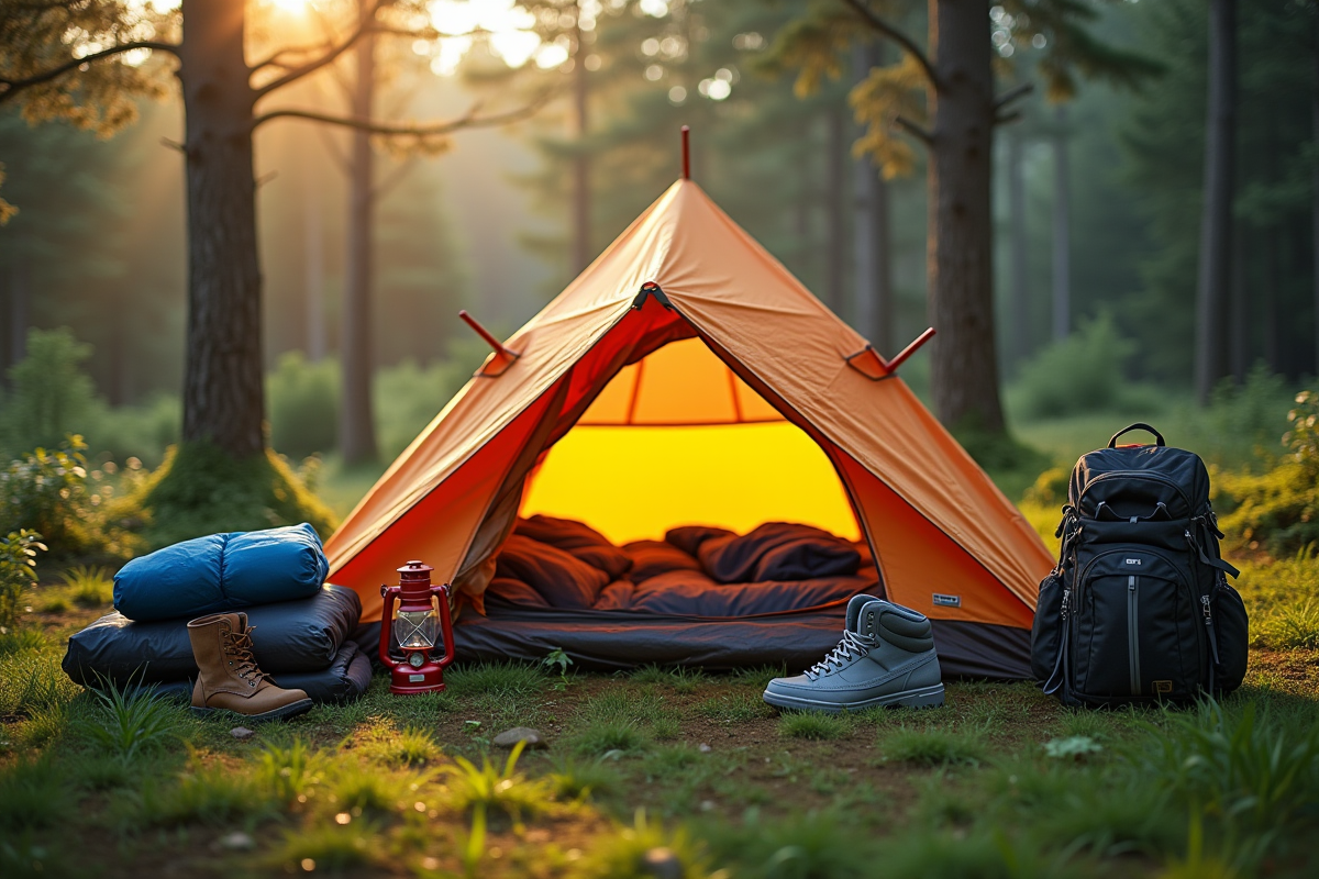 Tente de camping équipée dans une forêt verdoyante