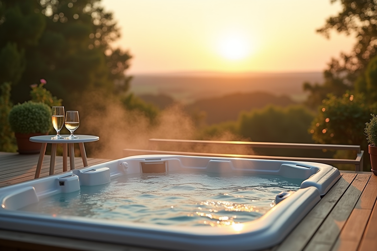 Terrasse extérieure au lever du soleil avec jacuzzi en Normandie