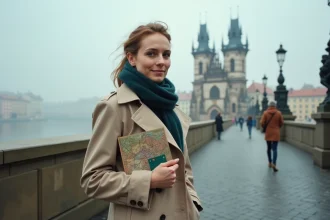 Touriste tenant une Prague Card sur le Pont Charles avec les tours gothiques dans le brouillard matinal
