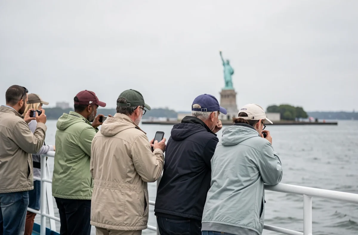 Touristes sur le pont supérieur d'un bateau Circle Line observant la Statue de la Liberté