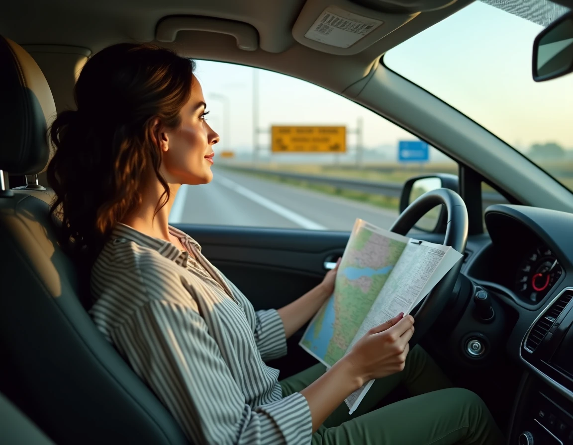 Femme au volant d'une voiture au poste frontière espagnol pour achat de cartouches de cigarettes