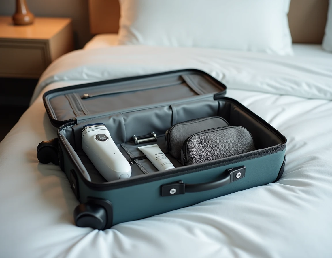 Trousse de rasage avec rasoir électrique et manuel organisée dans un bagage cabine ouvert