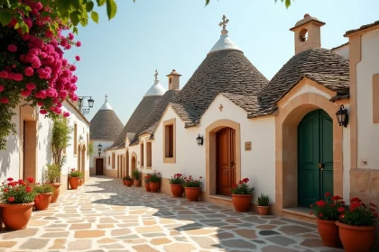 Trullo traditionnel à Alberobello dans les Pouilles, ruelle pavée avec bougainvilliers et géraniums en pot