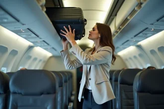 Femme plaçant une valise cabine dans le compartiment supérieur d'un avion