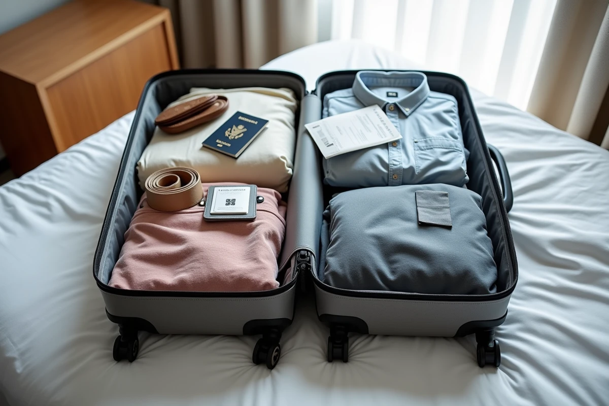 Valise cabine ouverte et organisée sur un lit d'hôtel avec vêtements et documents de voyage