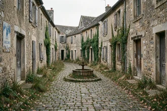 Rue déserte d'un village fantôme français avec façades en pierre abandonnées et herbes sauvages envahissant les pavés