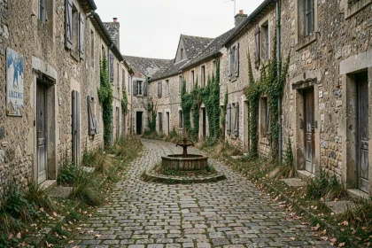 Rue déserte d'un village fantôme français avec façades en pierre abandonnées et herbes sauvages envahissant les pavés