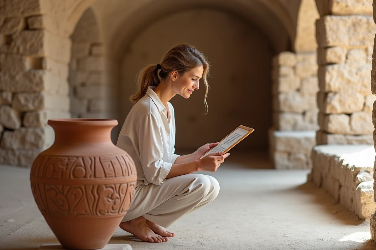 Femme admirant une jarre minoenne en céramique lors d'une visite du site archéologique d'Akrotiri à Santorin
