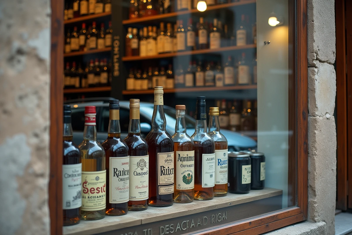 Vitrine d'une boutique d'alcool en zone frontalière espagnole avec des bouteilles de vin et spiritueux affichant des prix en euros