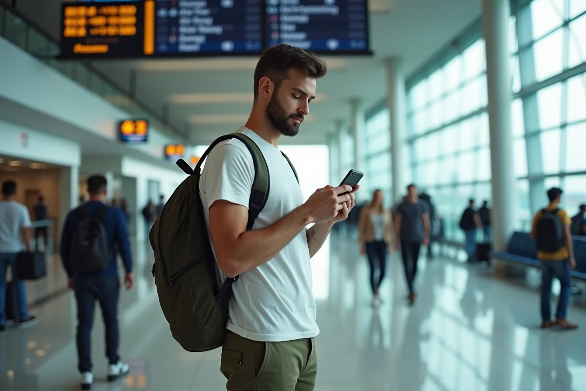Voyageur insérant une carte SIM dans son téléphone dans un terminal d'aéroport international, prêt pour un voyage à l'étranger en tant que nomade numérique