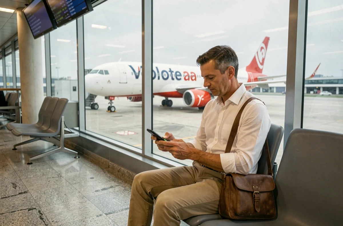 Voyageur consultant son smartphone en salle d'attente avec avion Volotea visible en arrière-plan