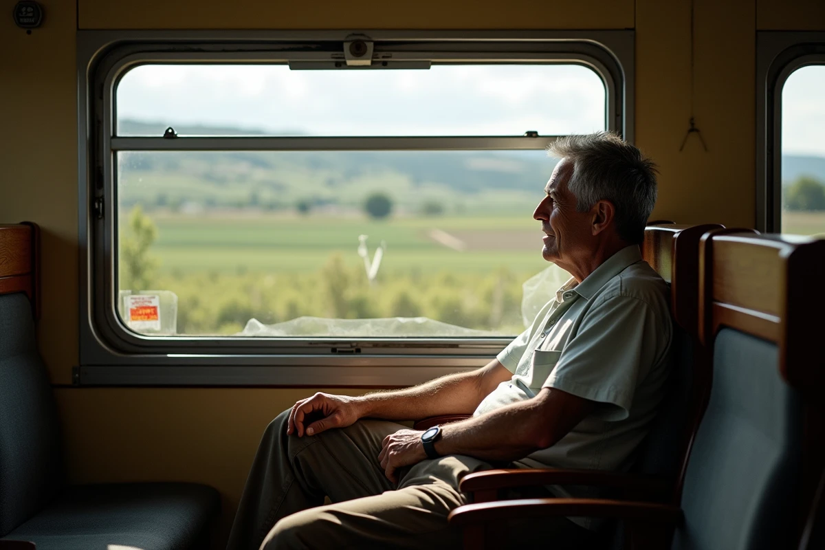 Voyageur regardant le paysage des Pouilles depuis un vieux train régional, tourisme durable sans voiture