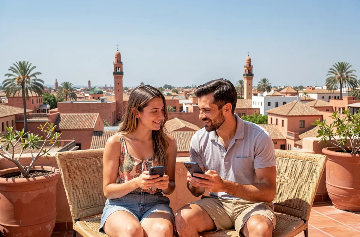 Deux voyageurs comparant leurs forfaits internet sur smartphone depuis une terrasse avec vue sur Marrakech