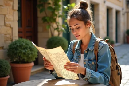 Jeune voyageuse étudiant une carte dans un café de village européen avec un petit budget de voyage