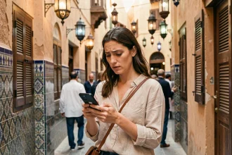 Voyageuse consultant son smartphone dans une ruelle de la médina marocaine pour choisir son forfait internet au Maroc