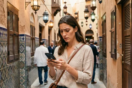 Voyageuse consultant son smartphone dans une ruelle de la médina marocaine pour choisir son forfait internet au Maroc