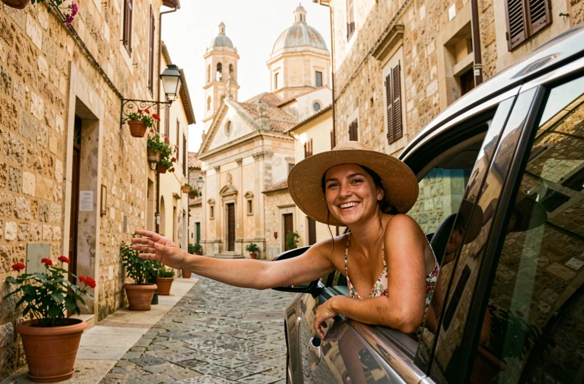 Voyageuse souriante à la fenêtre d'une voiture dans une ruelle pavée de Raguse Ibla en Sicile