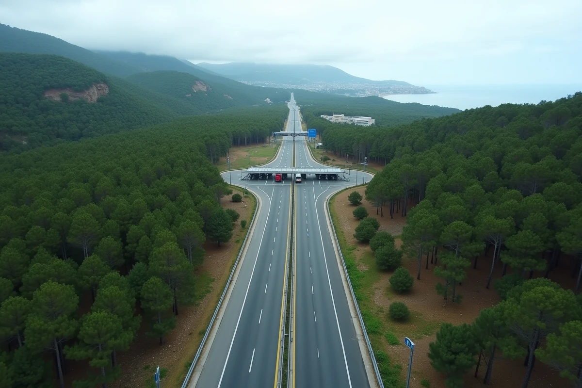 Vue aérienne d'une autoroute espagnole traversant les collines côtières de Catalogne avec un poste de péage visible