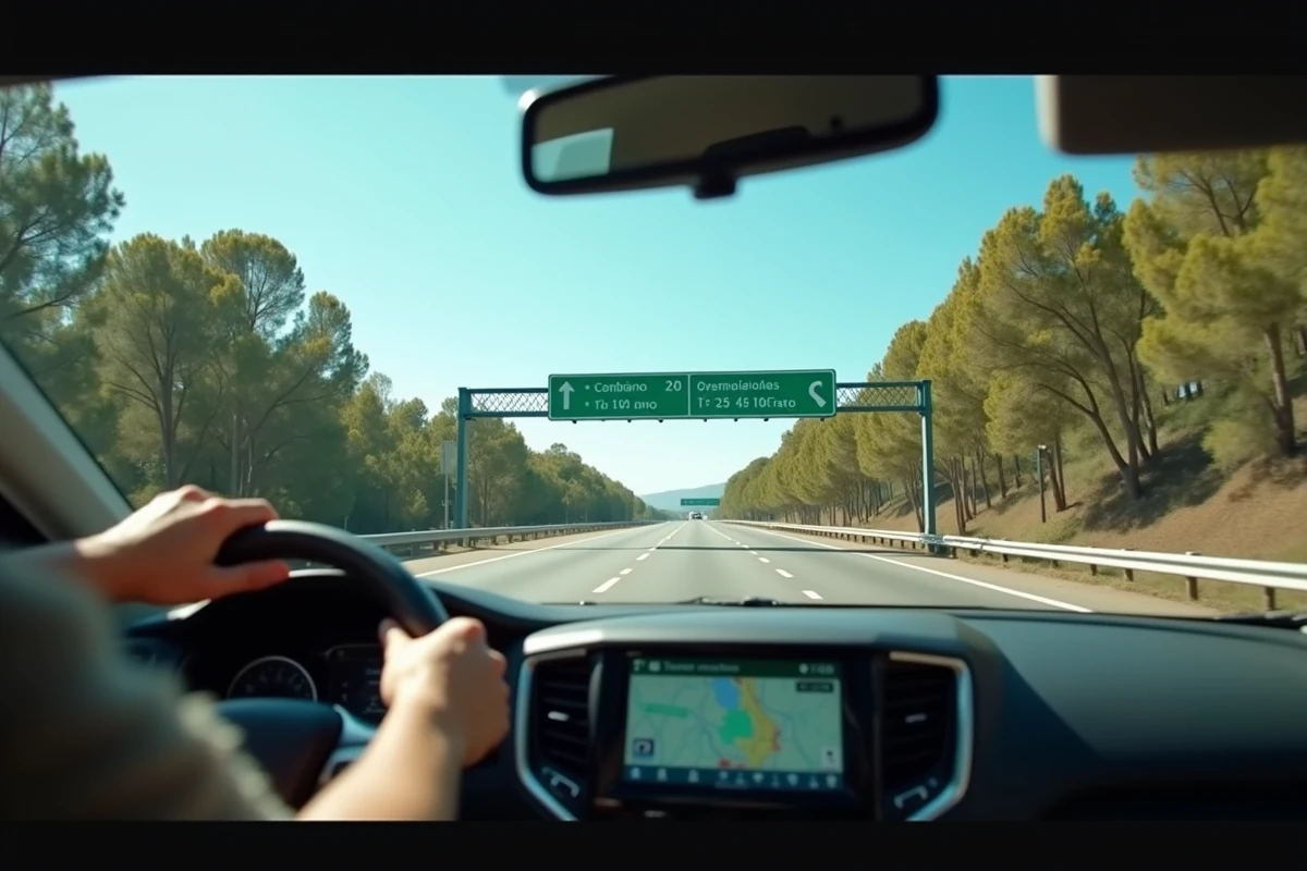 Vue depuis l'habitacle d'une voiture approchant un péage en Espagne avec panneau tarifaire visible
