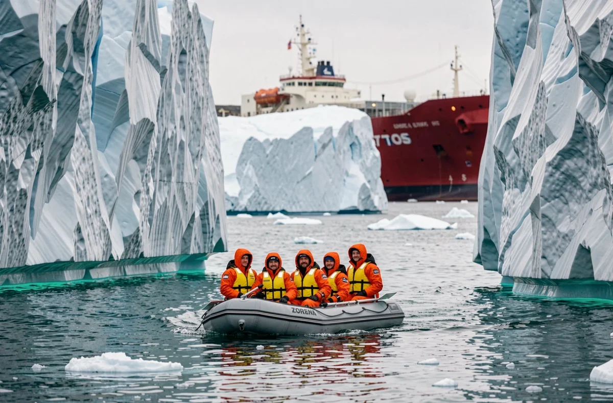 Zodiac de croisière polaire naviguant entre des icebergs avec un navire expédition en arrière-plan